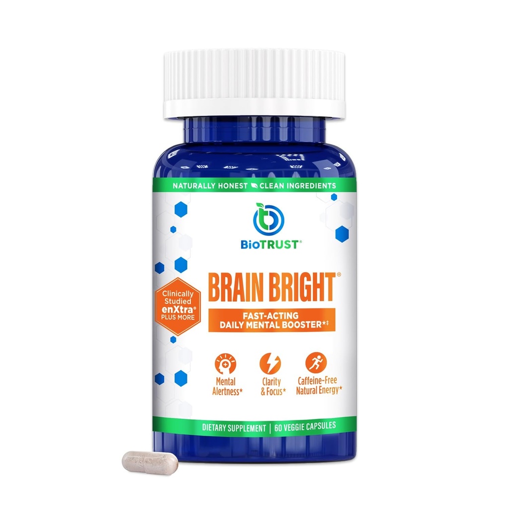 BioTrust Brain Bright – Daglig nootropisk boost for fokus, konsentrasjon, mental klarhet – Koffeinfri Nootropics Brain Support Supplement – Thai Ginger, Ginkgo, Folate, L-Theanine – 30 Serveringer
