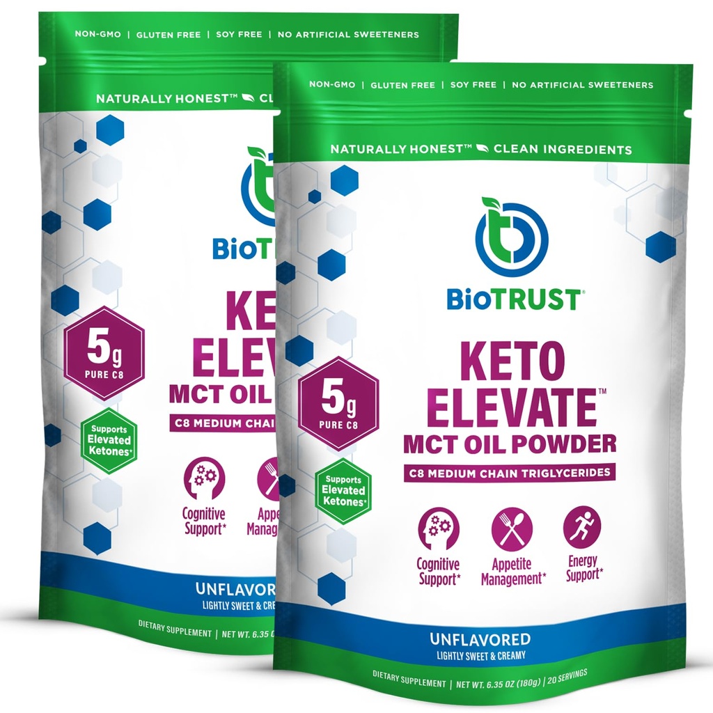 BioTrust Keto Elevate – C8 MCT oljepulver – Ketogen MCT kaffekremer, keto kaffekrem – ren energi, mental fokus og klarhet – 100% Caprylsyre MCT pulver, ikke-GMO (uovertruffen, 40 serveringer)