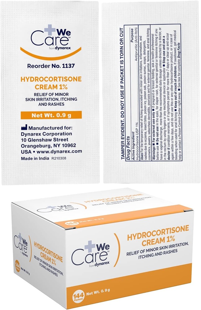Dynarex Hydrokortison Cream - Topisk Anti-Itch Hydrokortison Ointment for midlertidig lindring av mindre hud kløe, Utslett, irritation - .9g Packet, 1 eske med 144