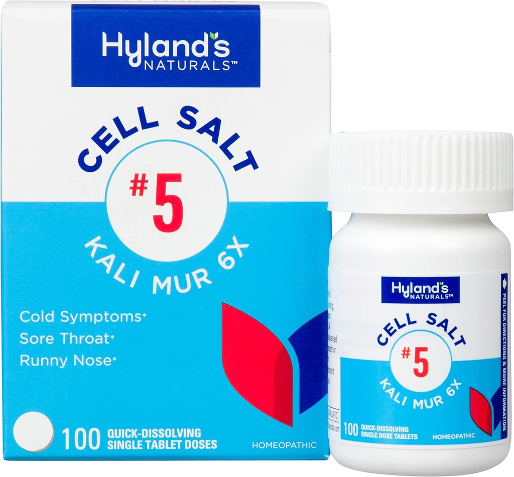 Hyland's No. 5 Cell Salt Kali Mur 6X Tabletter, kald medisin og sore Throat Relief, Naturlig behandling av kulde, Sore Throats, Runny Nese, og Burns, Hurtig oppløsende tabletter, 100 Count
