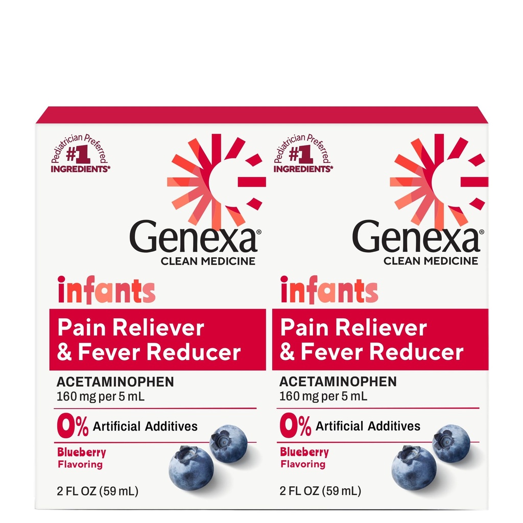 Genexa Infanter' Clean Acetaminophen | Pediatrician Foretrukne ingredienser | Smerte Reliever & Feber Reduser for babyer | Dye Free, 0% Kunstige Additiver | Organic Blueberry Flavor, 4 fl oz (2 Pack)