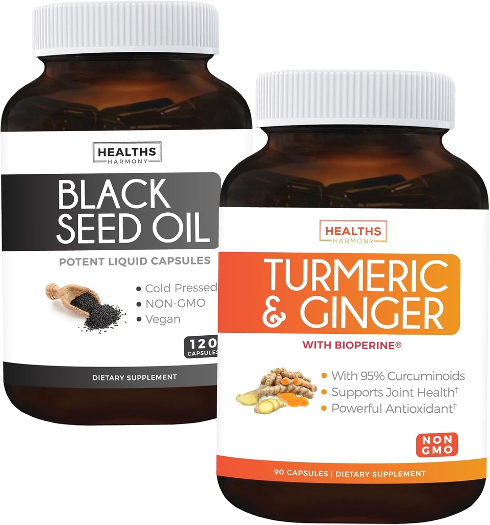 Bundle av gurkemeie og ginger og svart frøolje - gurkemeieblanding - gurkemeie og gurkemeie med 95% curcuminoids & bioperin (90 kapsler) & svart frøolje (non-GMO) 100% kaldpresset cuminefrøolje