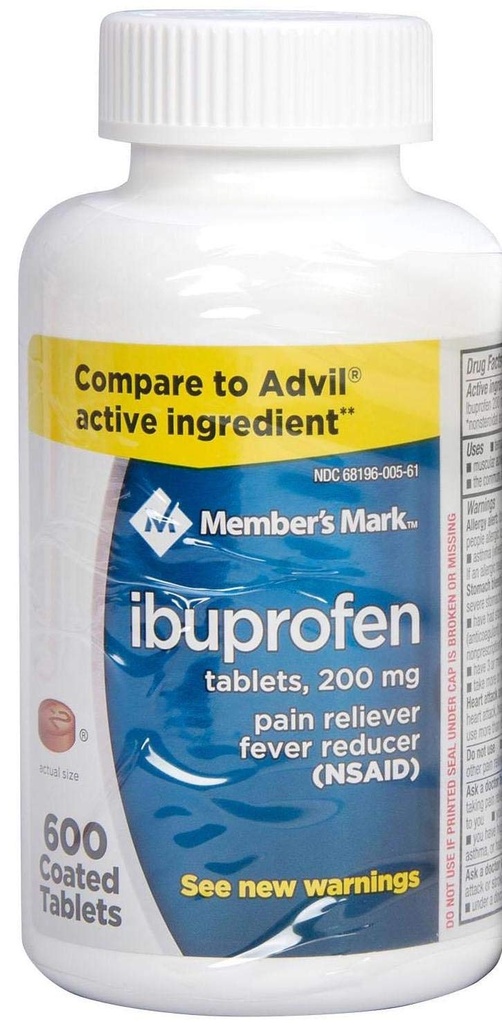 Medlemmer Mark Ibuprofen Coated tabletter 200 mg smertefri feber Reduser, 1 flaske, 600 tabletter