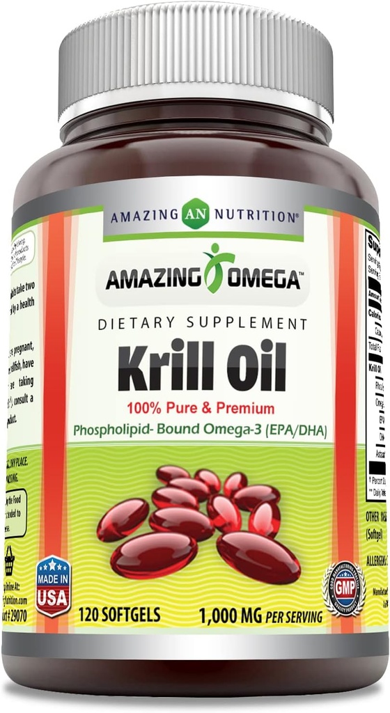Amazing Omega Krill olje med Omega 3s EPA, DHA, Fosfolipider og Astaxanthin 1000 mg per servering 120 mykgels Supplement | Ikke-GMO | Glutenfri