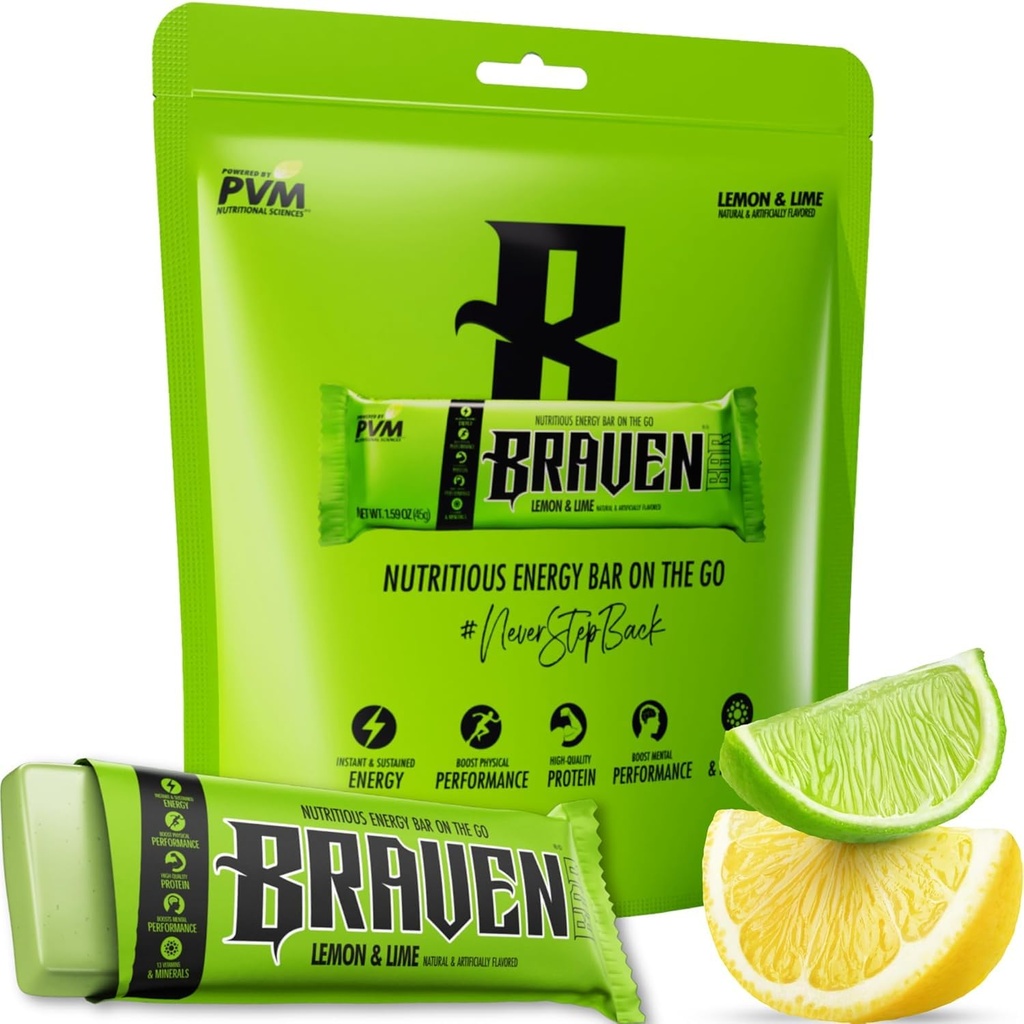 Braven Bar Lemon Lime Energy Bars (1,59 oz, Pakke med 10) – Energi Chews med 5g Protein – On-the-Go Energi Snacks for løping, fotturer og idrett - Glutenfri snacks for responderbar energi Boost