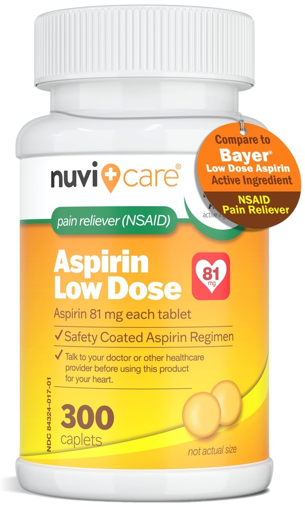 Lav dose Aspirin 81mg for voksne belagte kapler - Sammenlign med aktiv ingrediens i lavdose Bayer Aspirin for voksne - Sikkerhetsbelagt (300 greve)