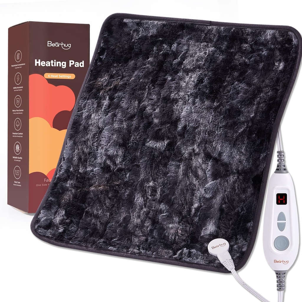 Bearhug XL Elektrisk oppvarming Pad 20''x24'' Dobbel-Sided Faux Fur Heated Pad, 6 Varmenivå, 2H Auto-Off, Moist og tørr varmeterapi for ryggsmerter Relief, Maskinvaskbar, ETL sertifisert, Gaveboks