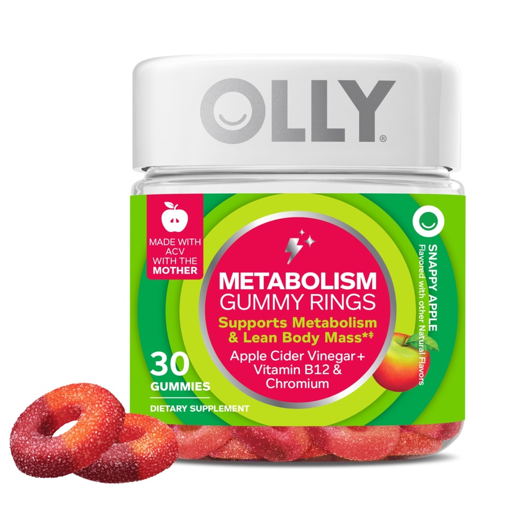 OLLY Metabolisme Gummy Ringer, Apple Cider Vinegar, Vitamin B12, Krom, Energi og Digestive Helse, Chewable Supplement, Apple Flavor - 30 Count