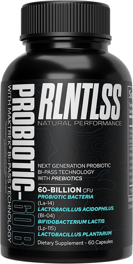 RLNTLSS - Probiotic 60 milliarder CFU - 4 Strain Blend - Premium Supplement - Menn og kvinner - hyllestabile Probiotic Capsule - Probiotic og Prebiotic - (60 greve flaske)
