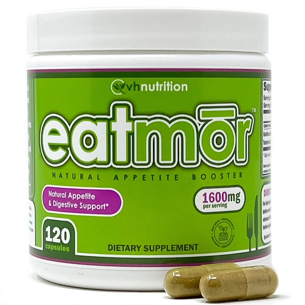 VH Nutrition Eatmor | Appetitt Booster | Vekt gevinst piller* for kvinner og menn | Designet for kvinner med Gentian, Ginger, Alfafa | 120 Easy-to-Swallow Kapsler