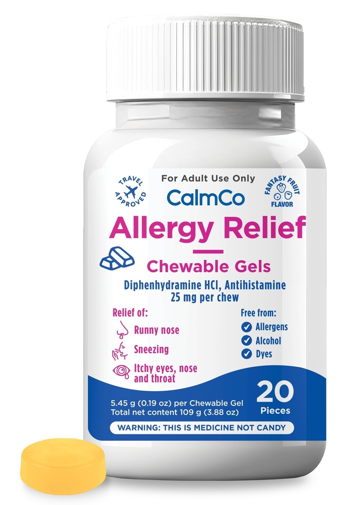 CalmCo Adult Allergi Relief Gummy Bites med Diphenhydramine - Chewable Antihistamine for Sneezing, Runny Nese & Itchy Eyes, Nighttime Allergi medisin for alder 12+, Fantasy Fruit Flavor, 20 greve