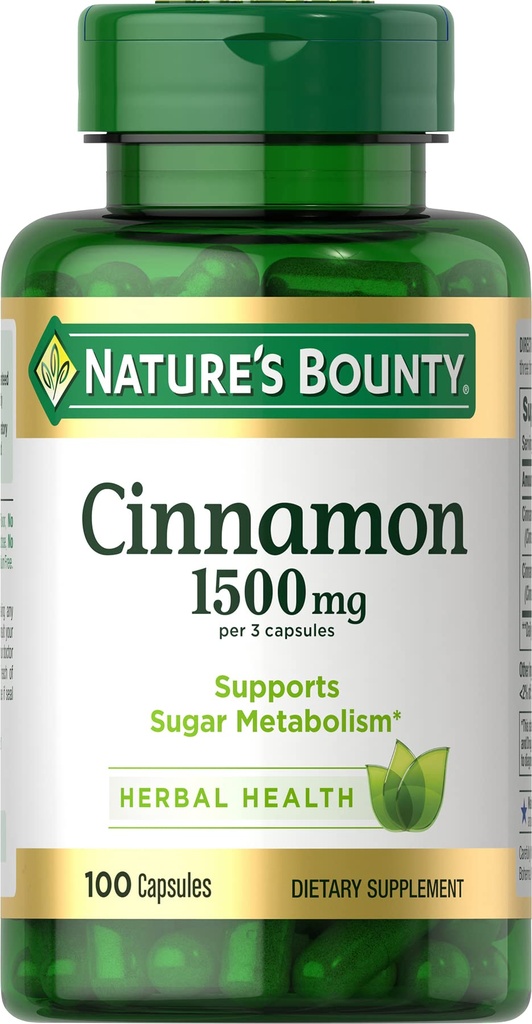 Naturens Bounty kanel kapsler, herbal Supplement, støtter sukkermetabolisme, 1500 mg, 100 kapsler