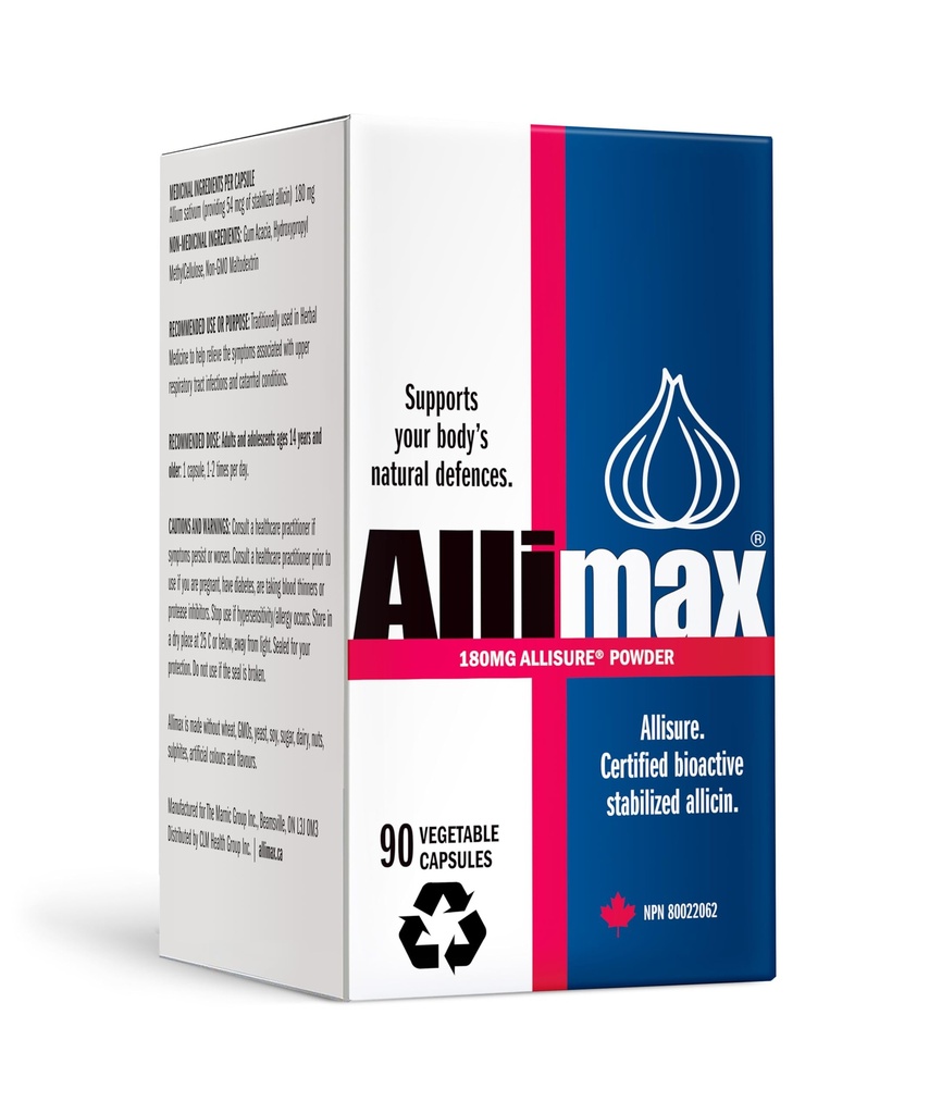 ALLIMAX 180 mg 90 kapsler. Allicin hvitløk Supplement for å støtte kroppens immunfunksjon. Inneholder stabilisert og Potent Bioactive Allicin, uttrukket fra ren og bærekraftig spansk voksende hvitløk.