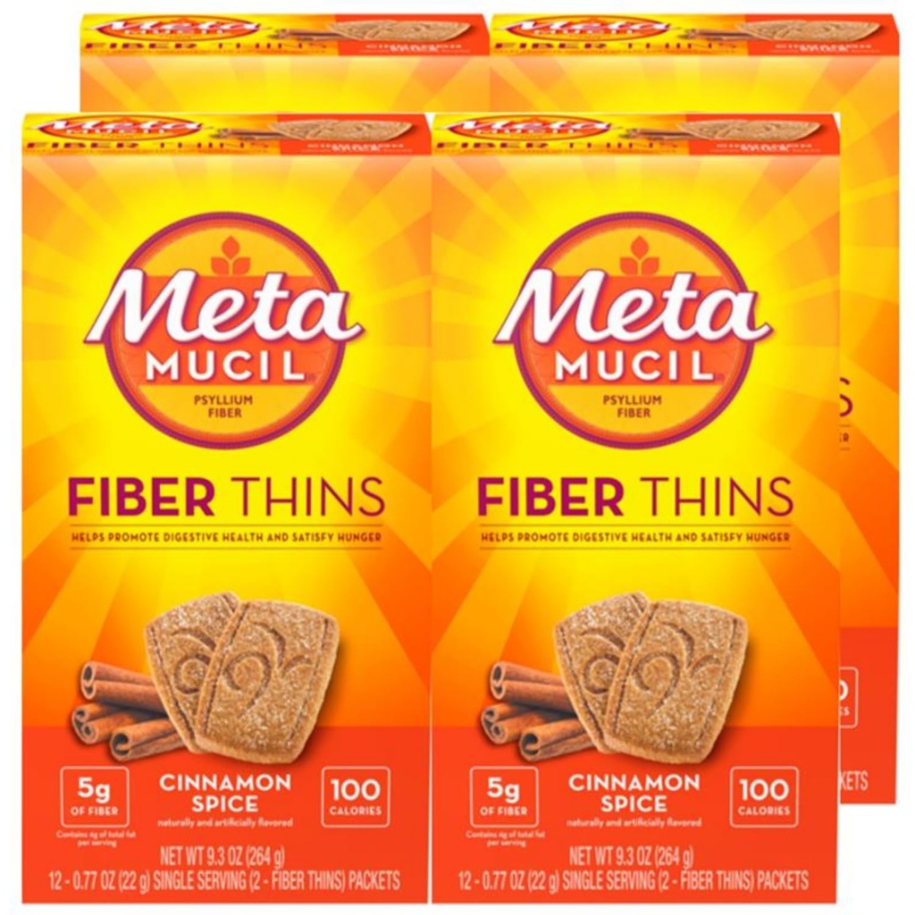 Metamucil Fiber Thins, daglig fiber Snack, Psyllium Husk pulver, 5g Fiber per servering, støtter Digestiv Helse og tilfredshet Hunger, kanel Spice Flavor, pakke med 4, 12 Services hver