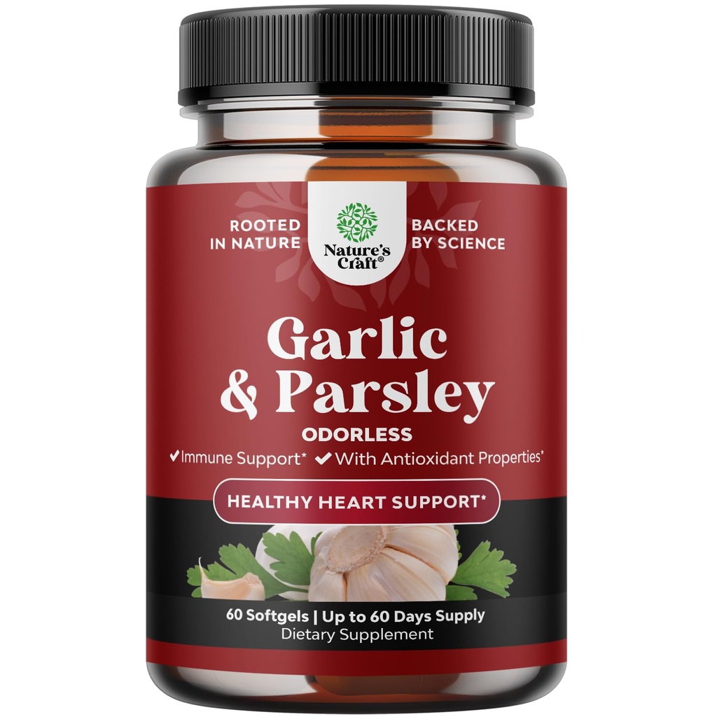 Konsentrert Odorless hvitløk Softgels - Parsley Extract & Aged Garlic Supplements for sirkulerende helse, digestion, immunstøtte og lever Detox - Parsley Softgels for Gut Support - 60 Ct