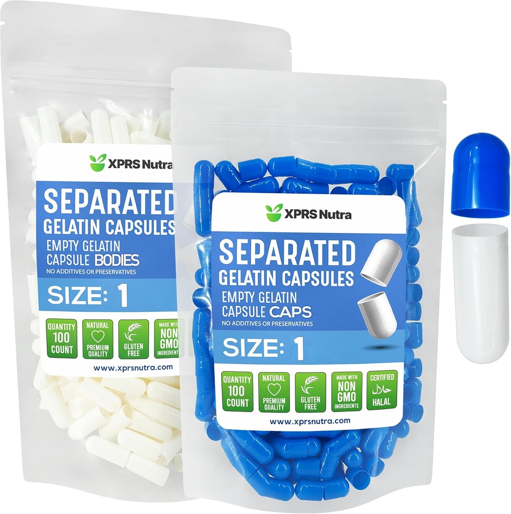 XPRS Nutra Størrelse 1 Gelatin Separerte kapsler - 100 Tel tom piller separat i poser - tomme piller for DIY Supplement Fylling (blå/hvitt)