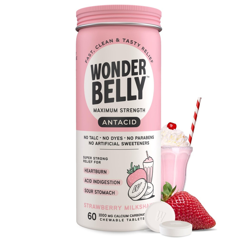 Underlig Antacid, Effektiv Heartburn og Instant Acid Indiesjon Relief, Extra styrke Chewable tabletter, 1000 mg kalsiumkarbonat, Ingen Talc eller Dye, Jordbær Melkeshake, 60 greve