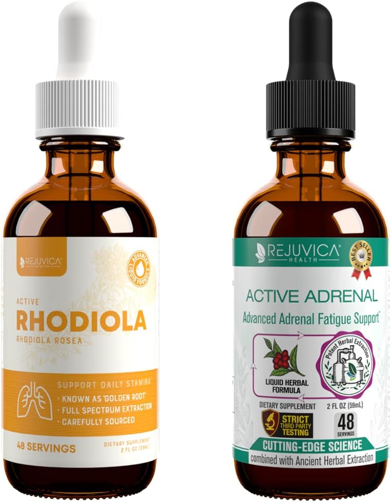 Rejuvica Health Active Rhodiola + Active Adrenal - Støtte Energi + Stress - Flytende Levering for bedre absorpsjon - Rhodiola, Ashwagandha, Holy Basil & Mer!