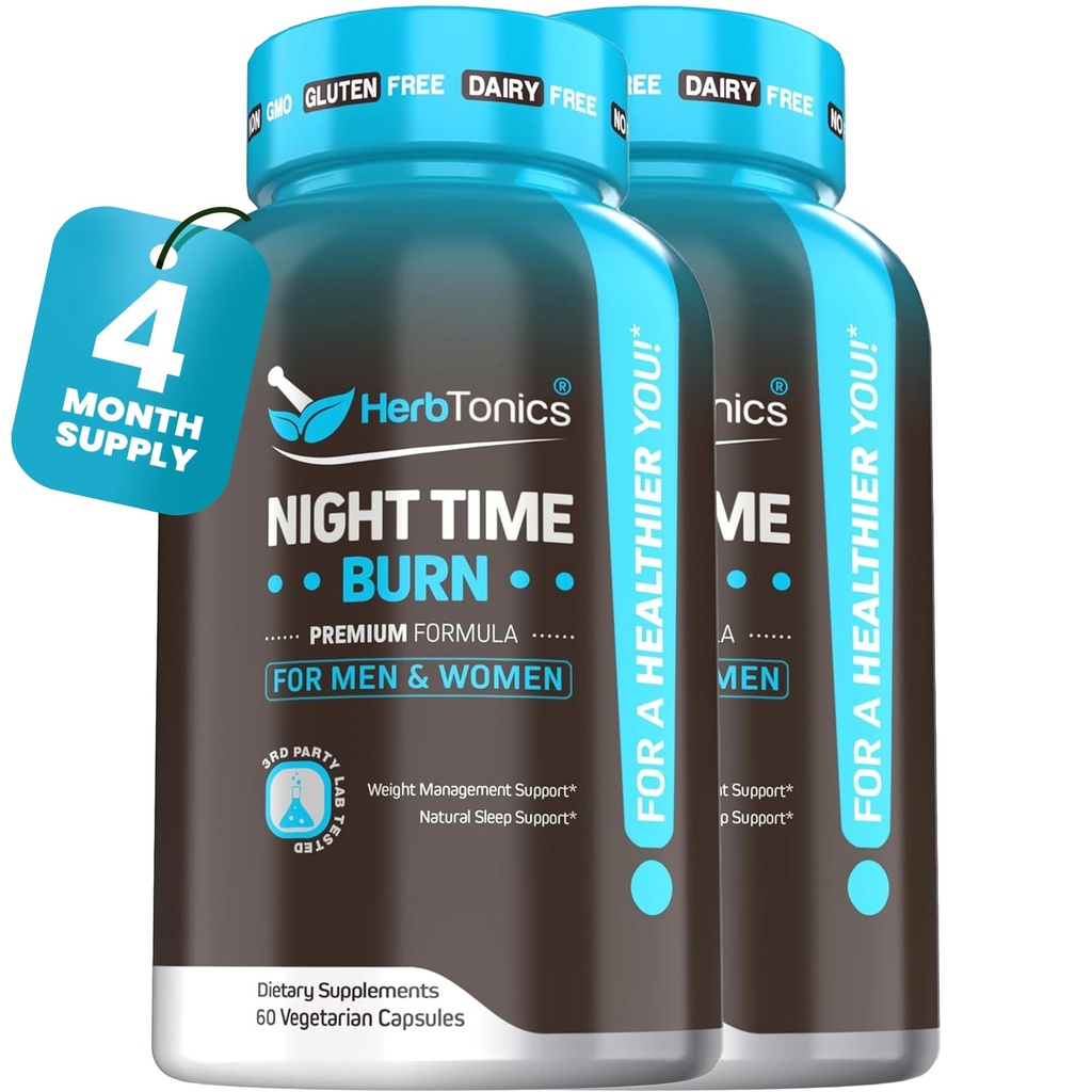Herbtonics Night Time Burn & Sleep Complex støtter overnattingsmetabolisme, stress relief og dyp søvn. Inkluderer melatonin, valerisk og grønn te – vegansk sengetid vektkontroll (120 kapsler)
