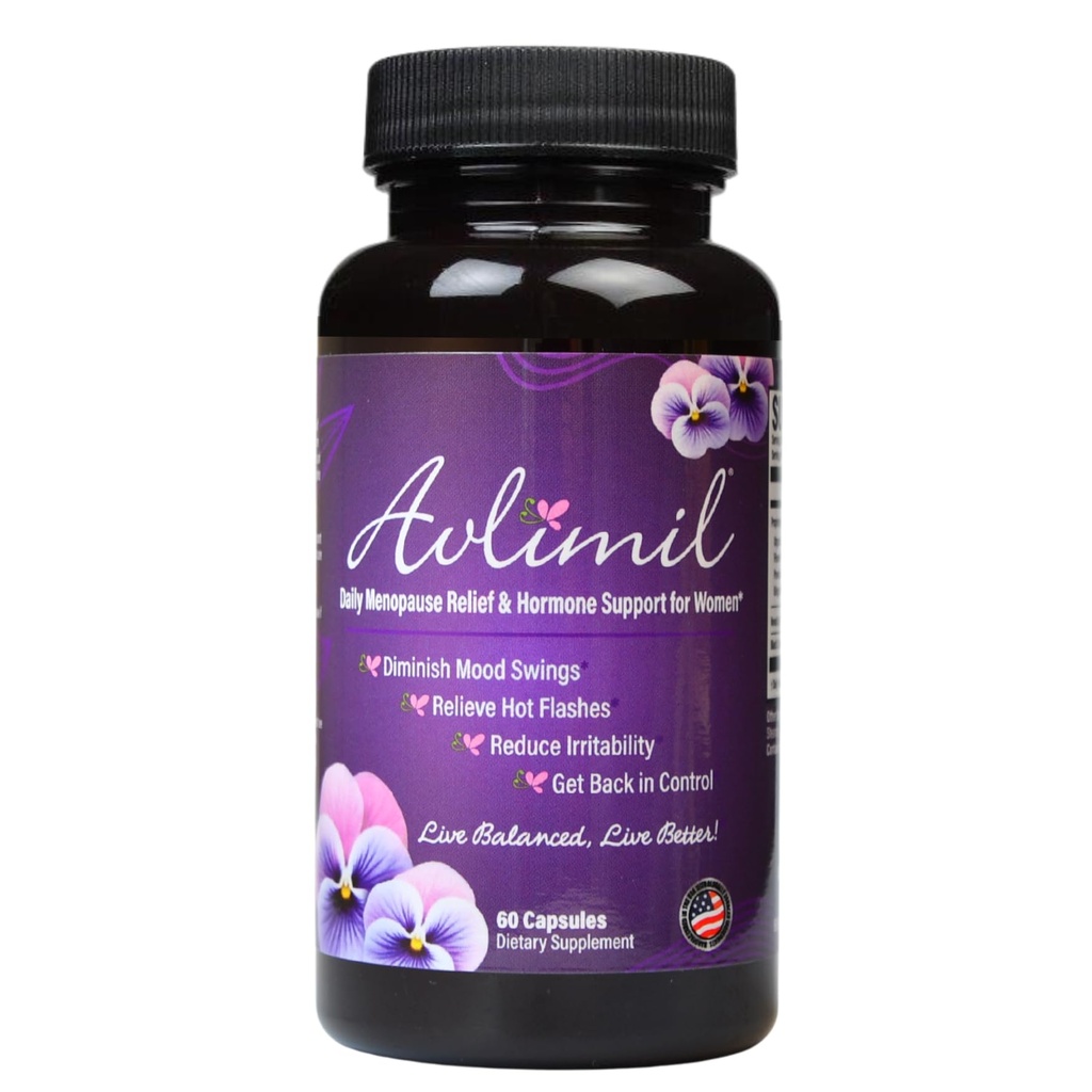 Avlimil® Hormon Balance & Menopause Support | Mood Swings, Hot Flashes, Natt Svette og Irritabilitet - Isoflavoner, Black Cohosh, Raspberry, Valerian, Sage, Rød Clover, Lemon Balm - 1-måneders