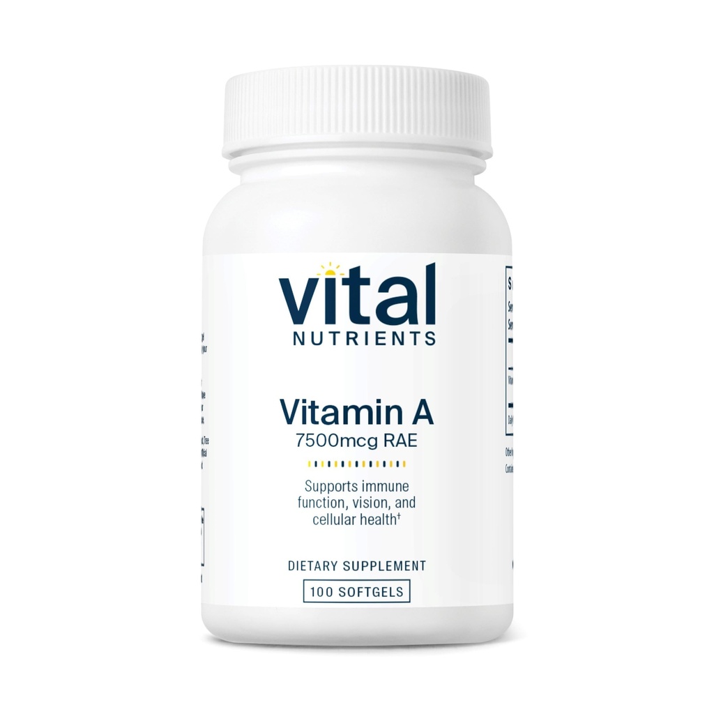 Vitale næringsstoffer vitamin A 7500mcg RAE Vitamin A Supplement for immunfunksjon, visjon, hud og cellulære helse | Gluten, Dairy, Soya Free | Ikke-GMO | 100 kapsler