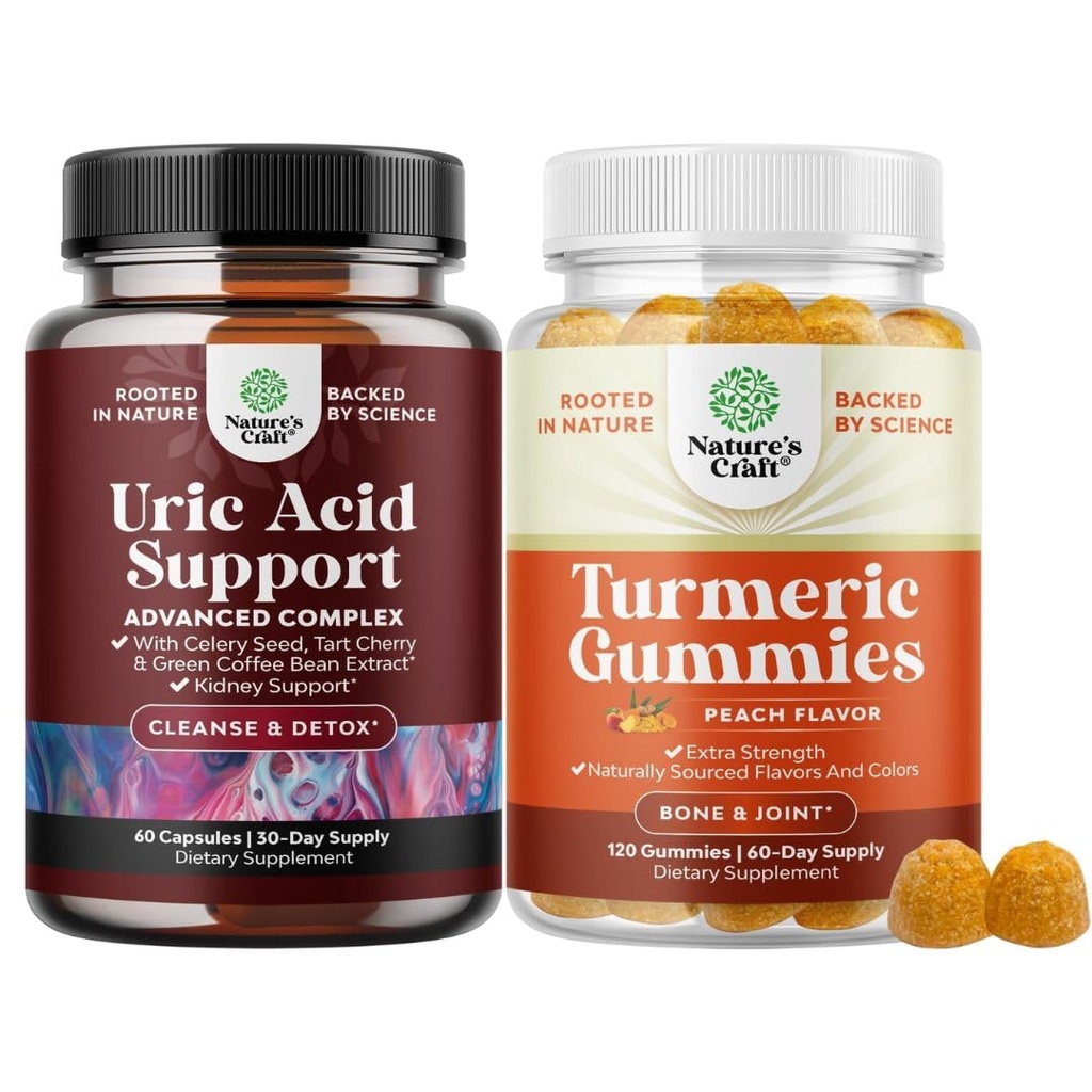 Natures Craft Bundle av vegansk uric syre renser og detox for menn og kvinners ledd nyrer og mer og gummier for voksne fersken flavor - ekstra styrke felles støtte gummier