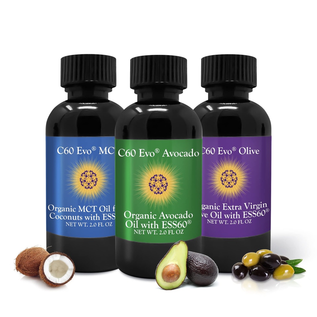 C60 Evo Alt-Naturlig Edible Olier, Mini oljeprøvesett med ren C60 ESS60, immunstøtte og felles støtte Supplement med olivenolje, avokado olje og MCT kokosolje, sett på 3, 2 oz