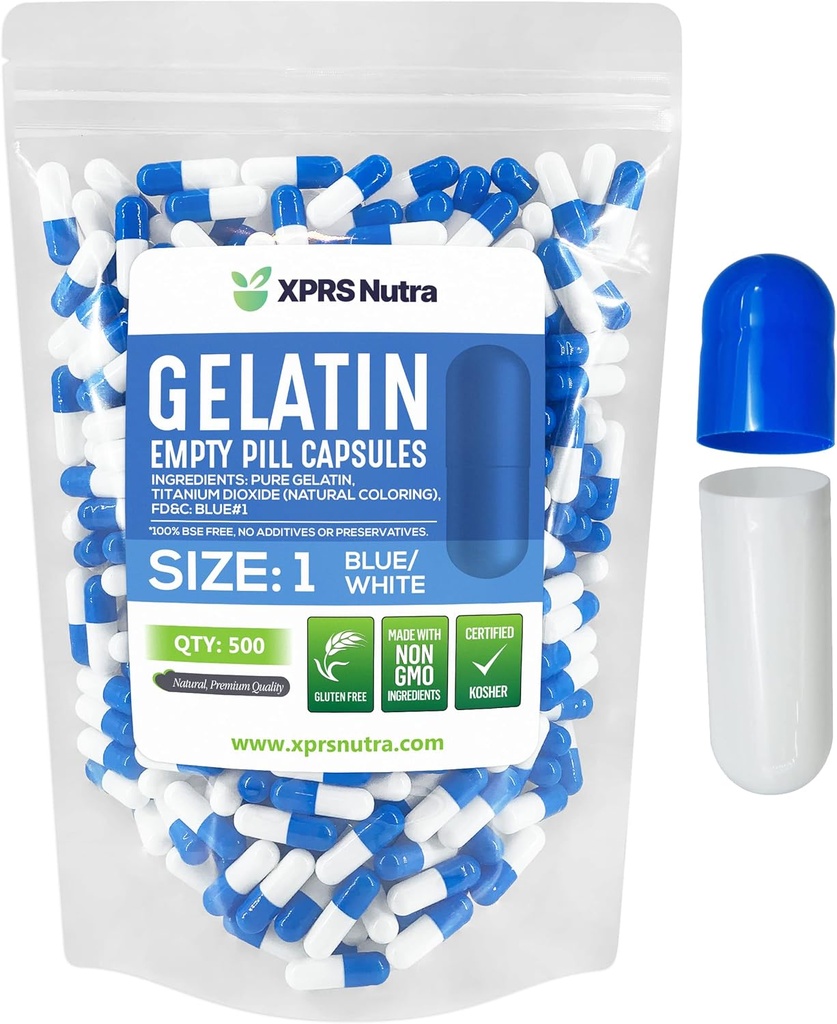 XPRS Nutra Størrelse 1 tomme kapsler - 500 greve tomme gelatinkapsler - Pill DIY Capsule Fylling - ren bovine piller Gel Caps for Do-It-Selv Supplements (blå/hvite)