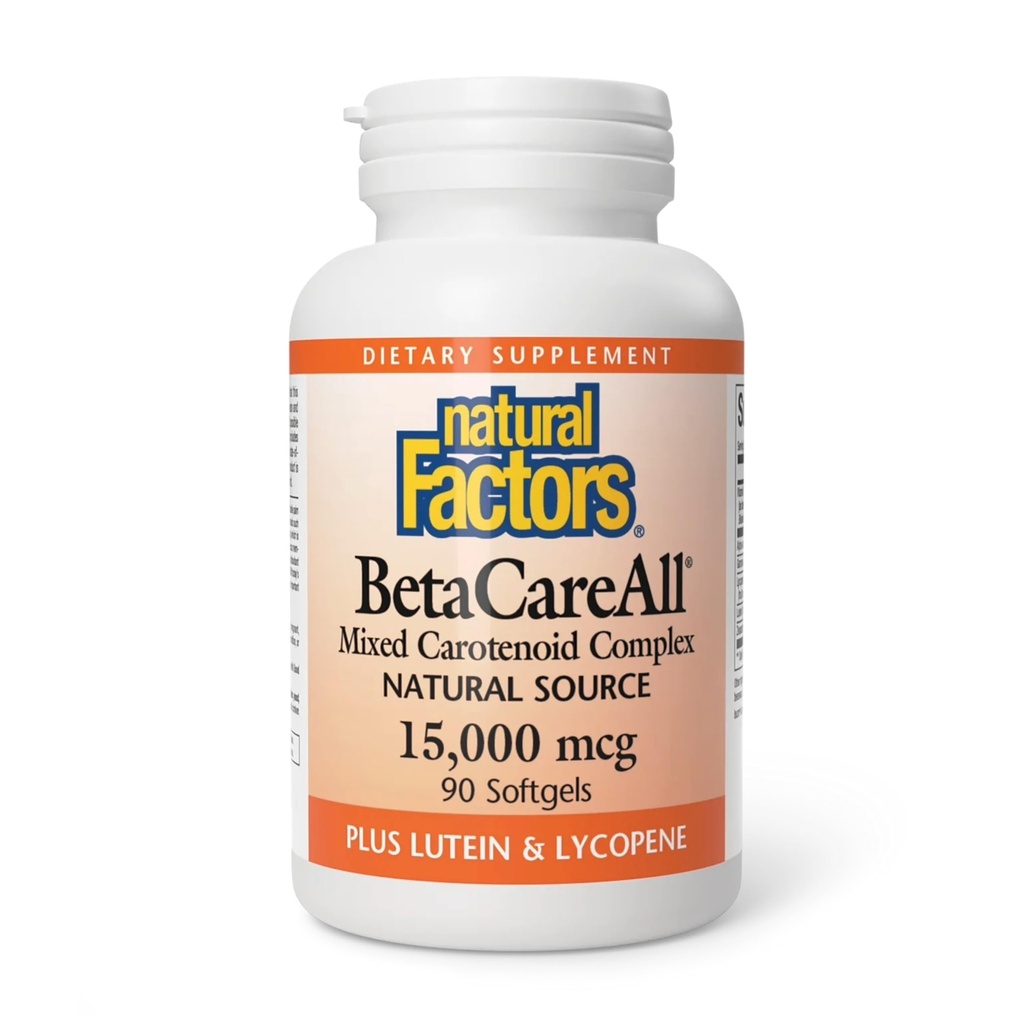 Naturlige faktorer BetaCareAll 25 000 IU, vitamin A for sunn hud, visjon og immunfunksjon, 90 Softgels