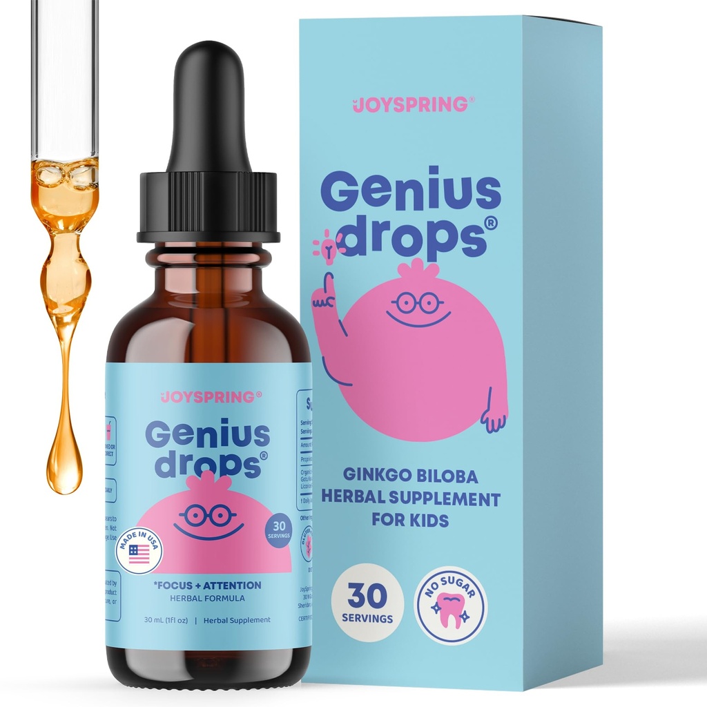 JoySpring Genius Drops for barn | klinisk bevist fokus Supplement | flytende herbal fokus Supplement med Ginkgo Biloba for barn (1 fl oz) 30 serveringer