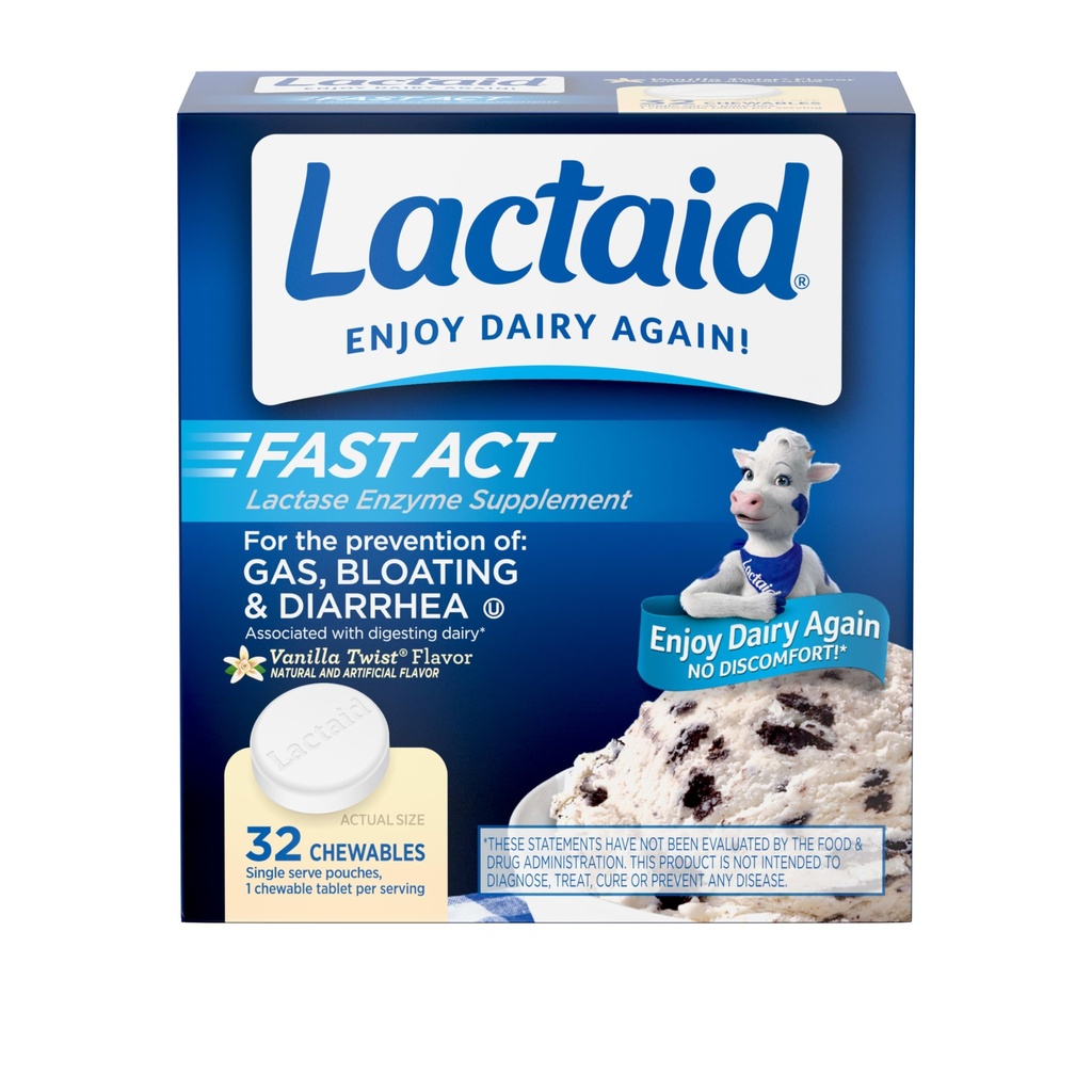 Lactaid Fast Act Laktose Intolerance Relief Chewables med naturlige Lactase Enzym for å hindre gass, Bloating & diarré På grunn av Laktose sensitivitet, On-The-Go, Vanilla Twist Flavor, 32 x 1 ct