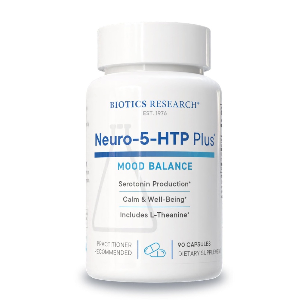 Biotics Research Neuro 5 HTP Plus nevrologisk støtte, rolig hjerneaktivitet, sunne søvnmønstre, total sans for velvære, fremmer avslapning, serotoninprekursor, L Theanine, 90 kapsler