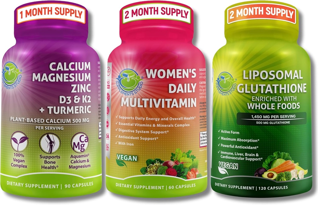 Multivitamin, kalsium og liposomal glutationtrio - plantebasert kalsium, magnesium, sink, D3, K2 & gurkemeie + kvinners daglige multivitamin med jern + Liposomal glutation 500mg