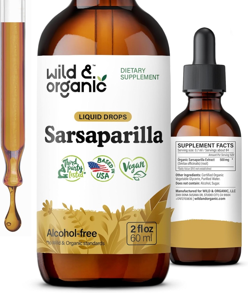 Wild & Organic Sarsaparilla Root Drops - Detox Cleanse Drops - Sarsaparilla pulver Basert Tinktur - Vegan, Sukker & alkoholfri flytende Supplement - 2 fl oz