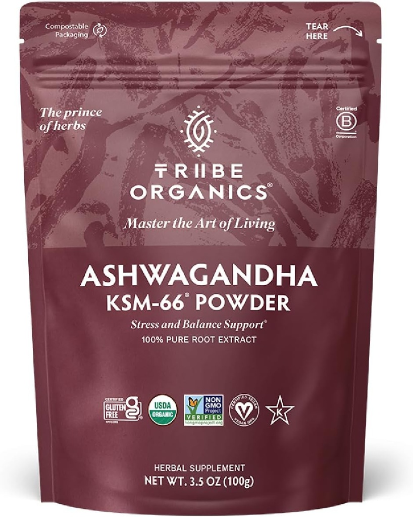 TRIBE ORGANICS KSM-66 Ashwagandha Root Extract pulver Ayurvedic urt for Mood Support | Øk energi | Styrke - Organisk | Naturlig | Glutenfri | Ikke GMO | Full-Spectrum - 100g Pouch