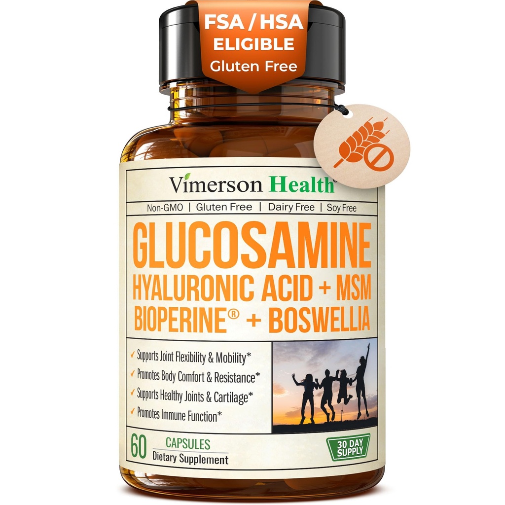 Glukosaminsulfat med hyaluronsyre, Boswellia, Black Pepper & MSM Supplement – 5-i-1 Joint Kosttilskudd for menn og kvinner – Felles helse, mobilitet og bein styrke – FSA kvalifisert 60 Caps