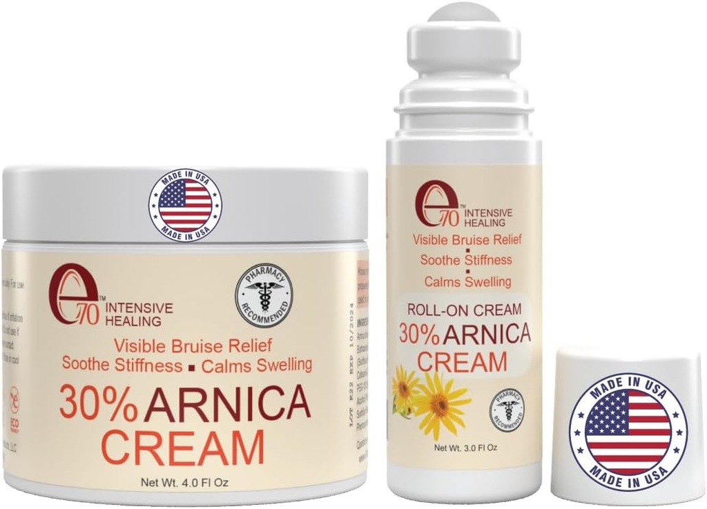 Arnica Cream & Arnica Gel Roll-On 2PK for Bruising og Svømming, Soothe Sore Muskler & Joints med vitamin K, 30% Arnica Montana, Hyaluronsyre & L-Arginine