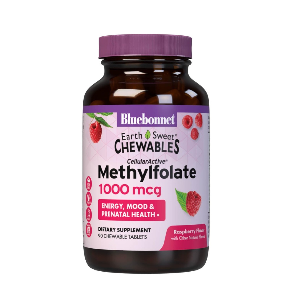 Bluebonnet EarthSweet Metylfolat 1000 mikrog Cellular Active Coenzyme 5-MTHF L Metyl Folate Supplement - Prenatal & energistøtte - ikke-GMO, Vegansk, Glutenfri - Bringebær - 90 Chewable tabletter