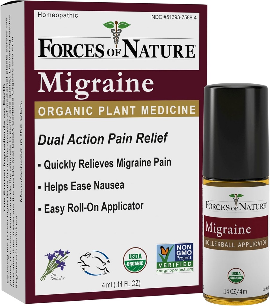 Naturlige, organiske Migrene smertelindring Topisk Roll-on, Støtter Prodrome, Aura, hodepine, tretthet, lys og lydfølsomhet, kvalme i forbindelse med migrainer, ikke-GMO, 0,14 Fl Oz