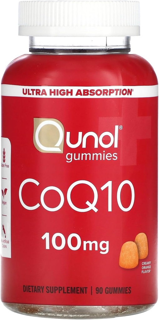 Qunol CoQ10 Gummies, CoQ10 100mg, Delicious Gummy Supplements, Coenzym Q10 hjelper støtte hjerte helse, Vegan, Glutenfri, Ultra høy absorpsjon - 90 greve