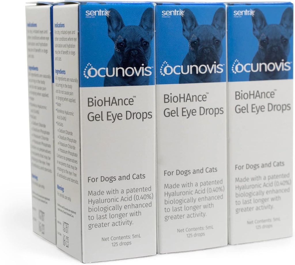 Sentrx - Ocunovis Gel Øyedråper for hunder og katter med tørre øyne, Hydrating Cat og Hunde Eye Dropper med Hyaluronsyre, Non-Blurring og Ikke-Stinging Kunstig Tårer, 5 ml, 6 Pack