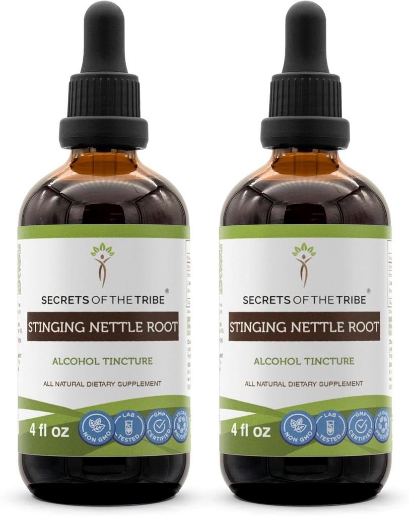 Secrets of the Tribe Stinging Nettle Root Tinkture alkoholekstrakt, høy potens urtedråper, tinktur laget av Stinging Nettle Urtica Dioica andning og urinsystem helse 2x4 oz