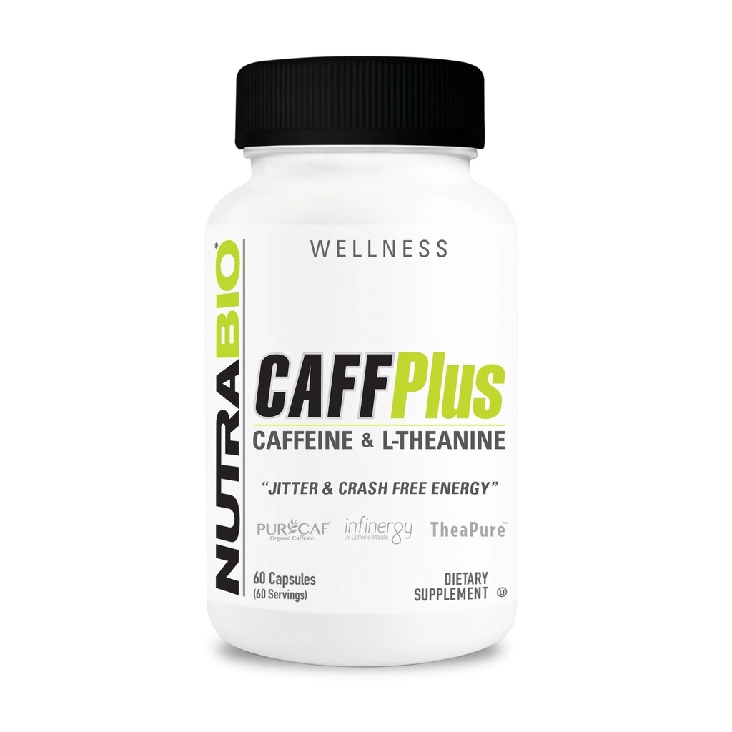NutraBio CaffPlus, Dual Source Koffein med teanin for sunn energi Boost - 60 Grønnsaker Kapsler