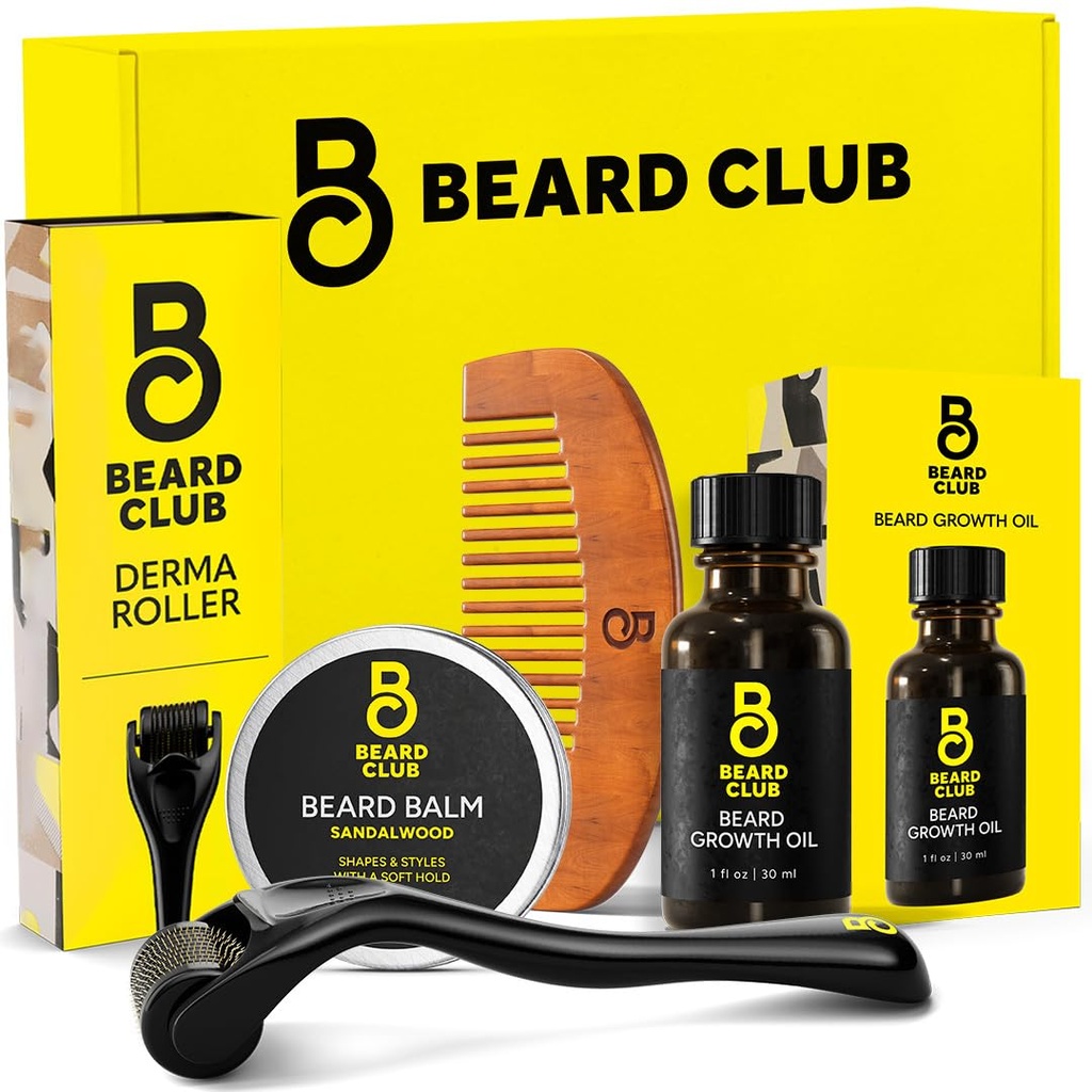 Beard Club Beard Growth Kit - Derma Roller, Beard Growth Oil, Sandalwood Balm, Comb - Gavesett