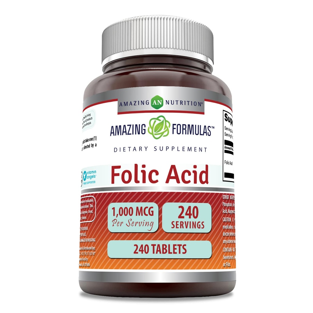 Amazing Formler Folic Acid 1000 Mcg (1 mg) | 240 Tabletter Supplement | Vitamin B9 | Ikke-GMO | Glutenfri | Laget i USA