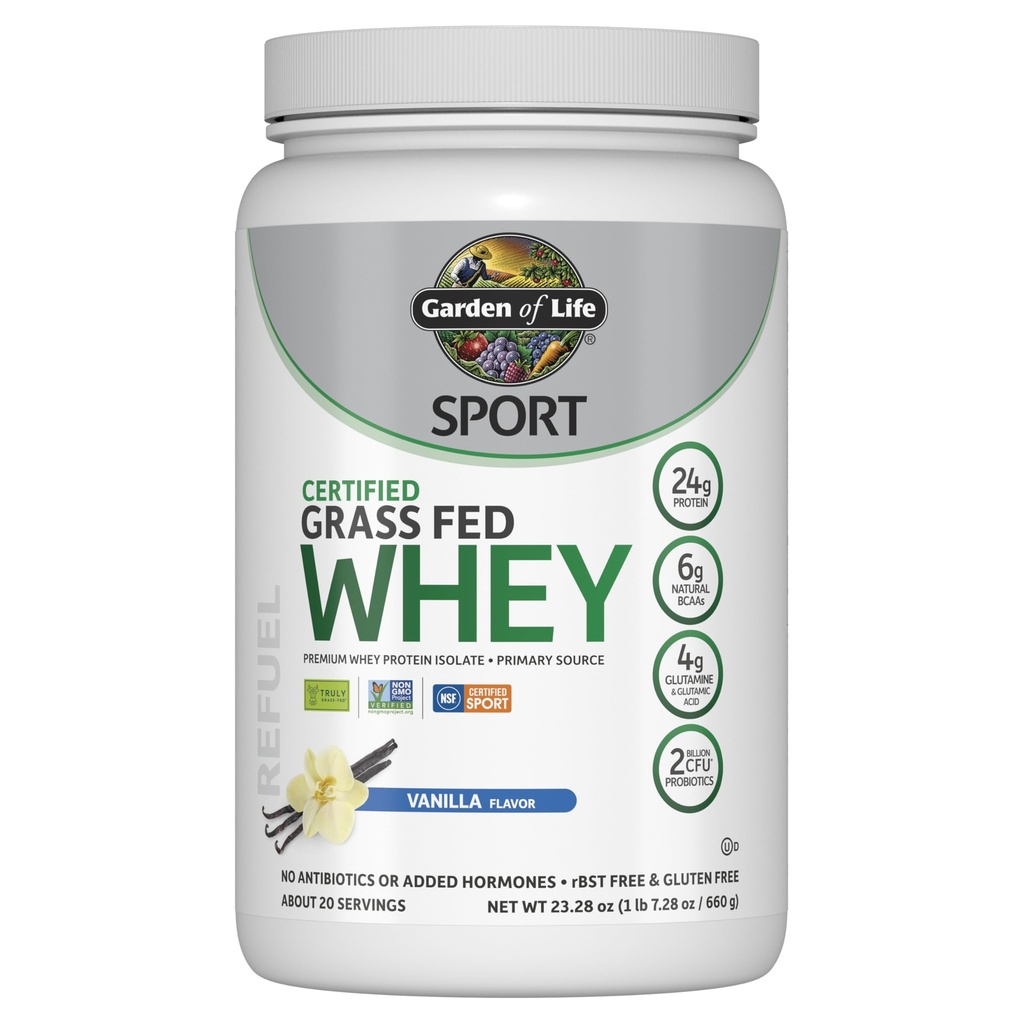 Livshage SPORT Whey Protein Powder Vanilla, Premium Grass Fed Whey Protein Isolate pluss Probiotika for immunsystem Helse, 24g Protein, Ikke GMO, Glutenfri, kald prosessert - 20 Serveringer