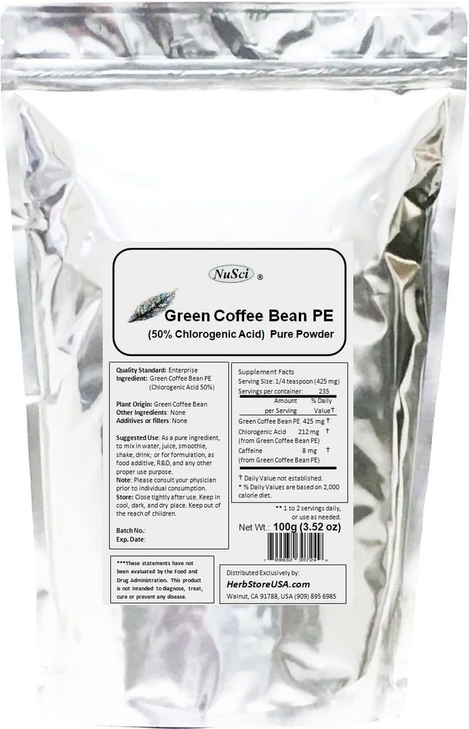 Grønn kaffebønne ekstrakt pulver, standardisert 50% klorogensyre (100 gram (3,52 oz))