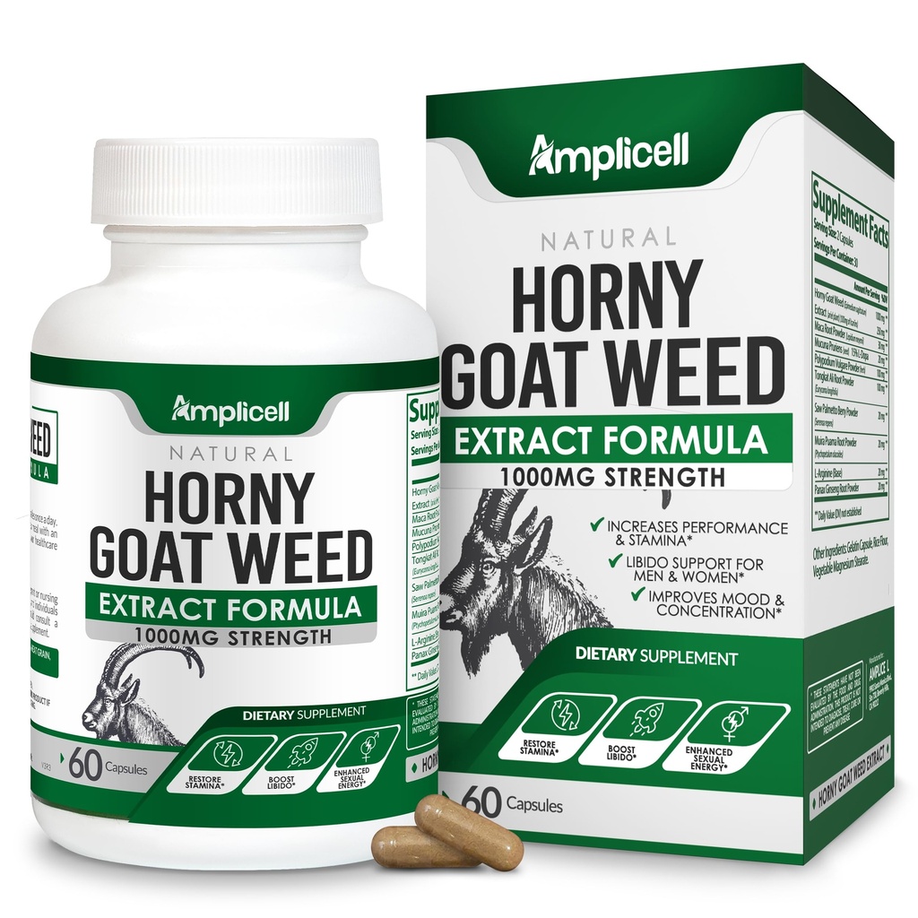 Horny Goat Weed med Maca Root, Tongkat Ali, L-Arginine & Panax Ginseng – Mannlig ytelse og Libido Booster Supplement – Energi, Stamina & Vitality piller for menn og kvinner – 60 kapsler