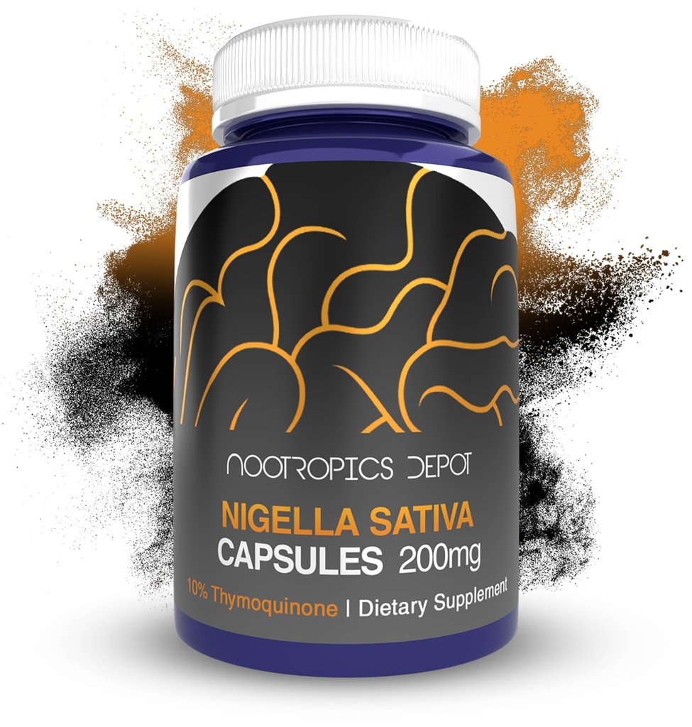 Nootropics Depot Nigella Sativa Extract Capsules | 200mg | 60 greve | Minimum 10% Tymoquinon innhold | Black Seed Oil Extract | Støtter hjerne helse, minne, lever helse og immunfunksjon