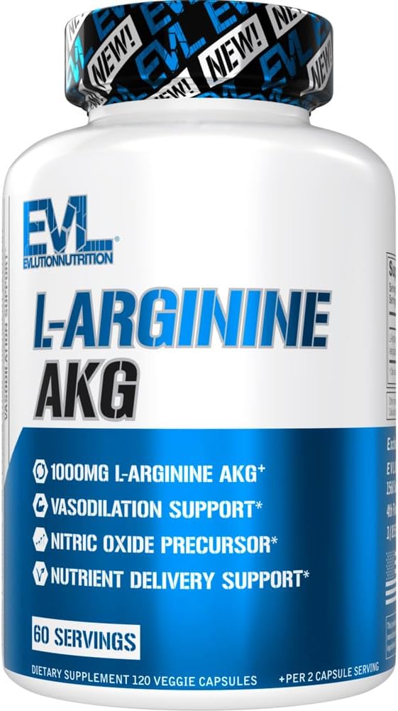 Evlution L-Arginine AKG - Vasodilation & Nutrient leveringsstøtte - Nitric Oxid Precursor - 1000mg L-Arginine AKG - Glutenfri og ikke-GMO - Kosttilskudd - 60 Services - 120 Veggie Kapsler